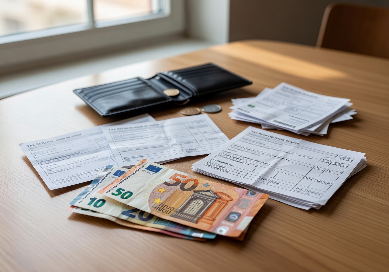 Euro currency and tax refund forms for tourist shopping in Germany