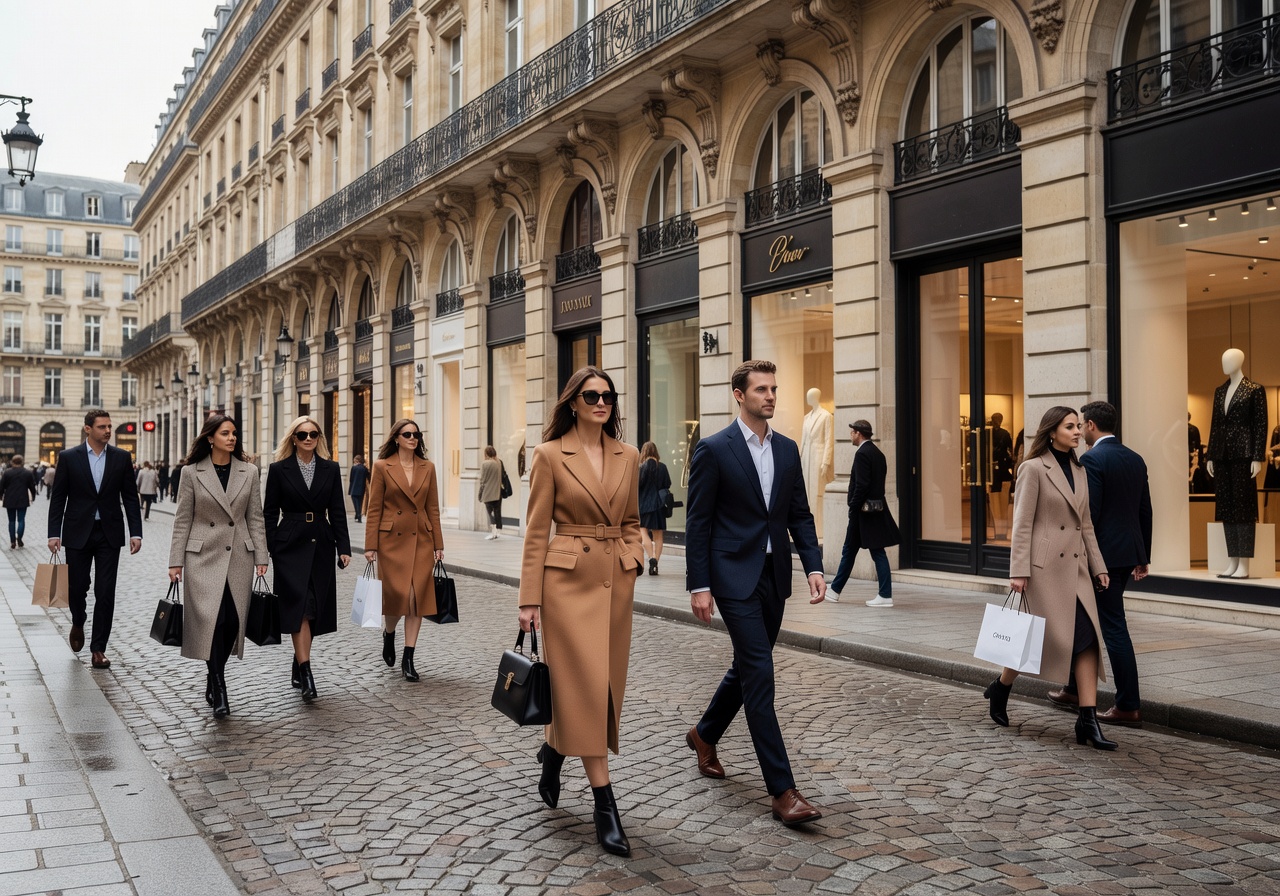 Fashion-forward shoppers walking through an elegant European shopping street