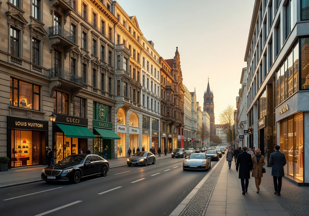 Kurfürstendamm boulevard in Berlin with luxury brand stores and historic architecture
