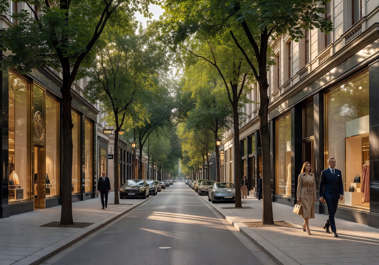 Luxury shopping boulevard in Berlin, Germany with elegant storefronts and tree-lined streets