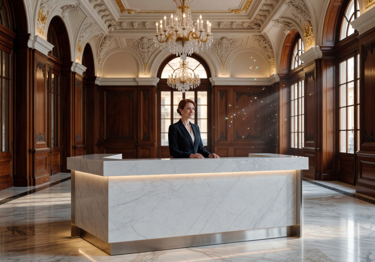 Modern customer service desk in an elegant European setting