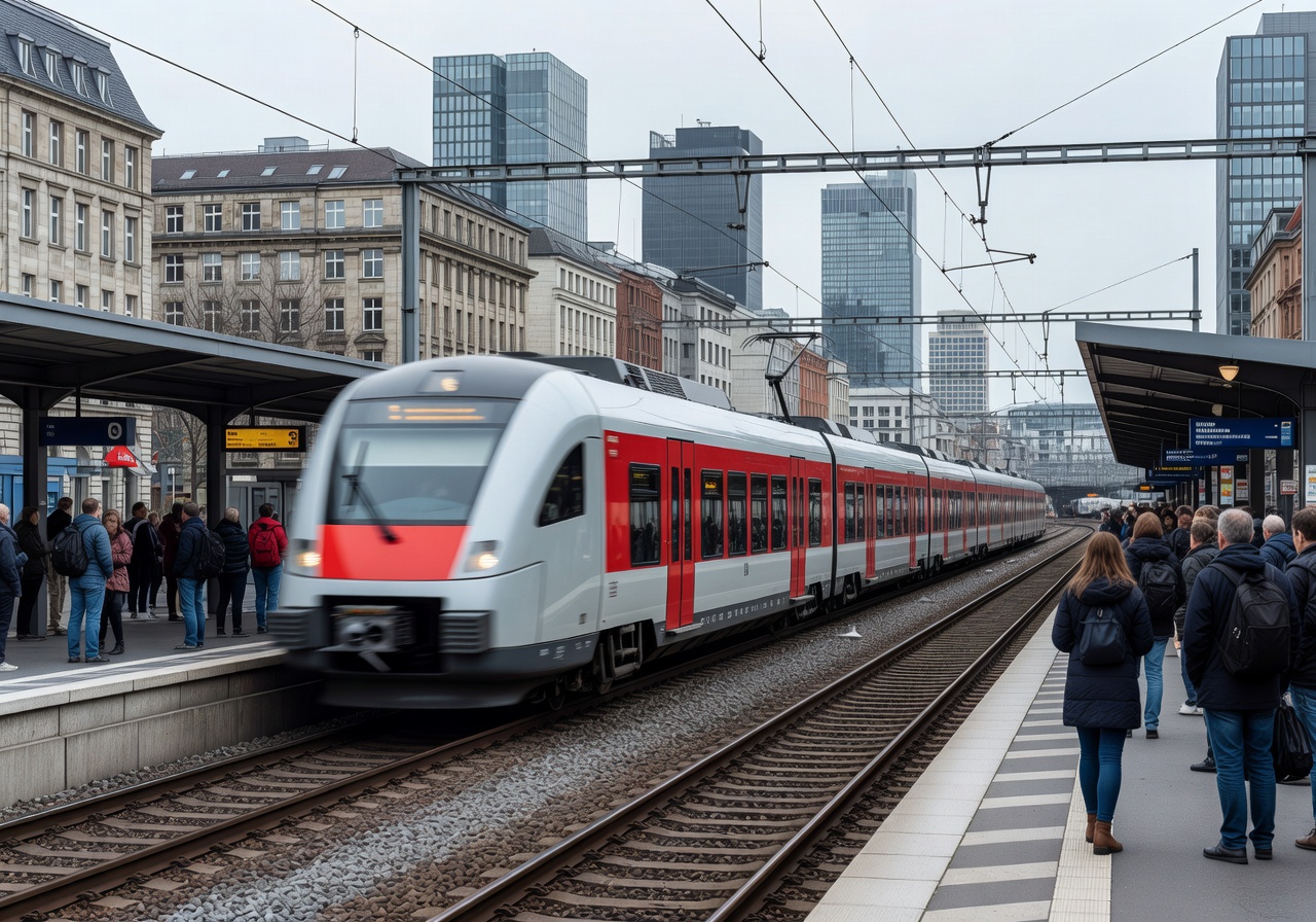 Modern German public transit train arriving at a city center station