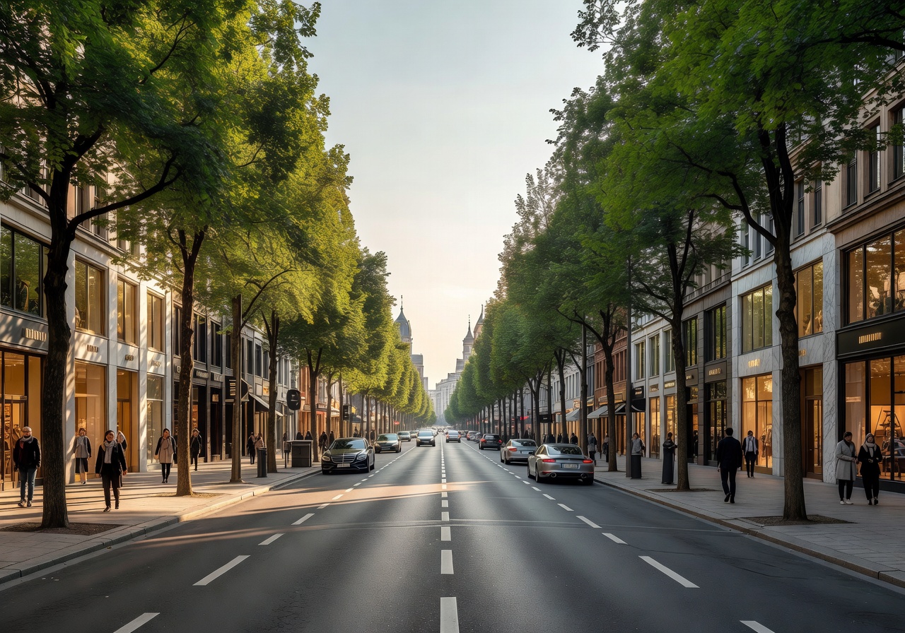 Panoramic view of Kurfürstendamm boulevard in Berlin with luxury shops and tree-lined sidewalks