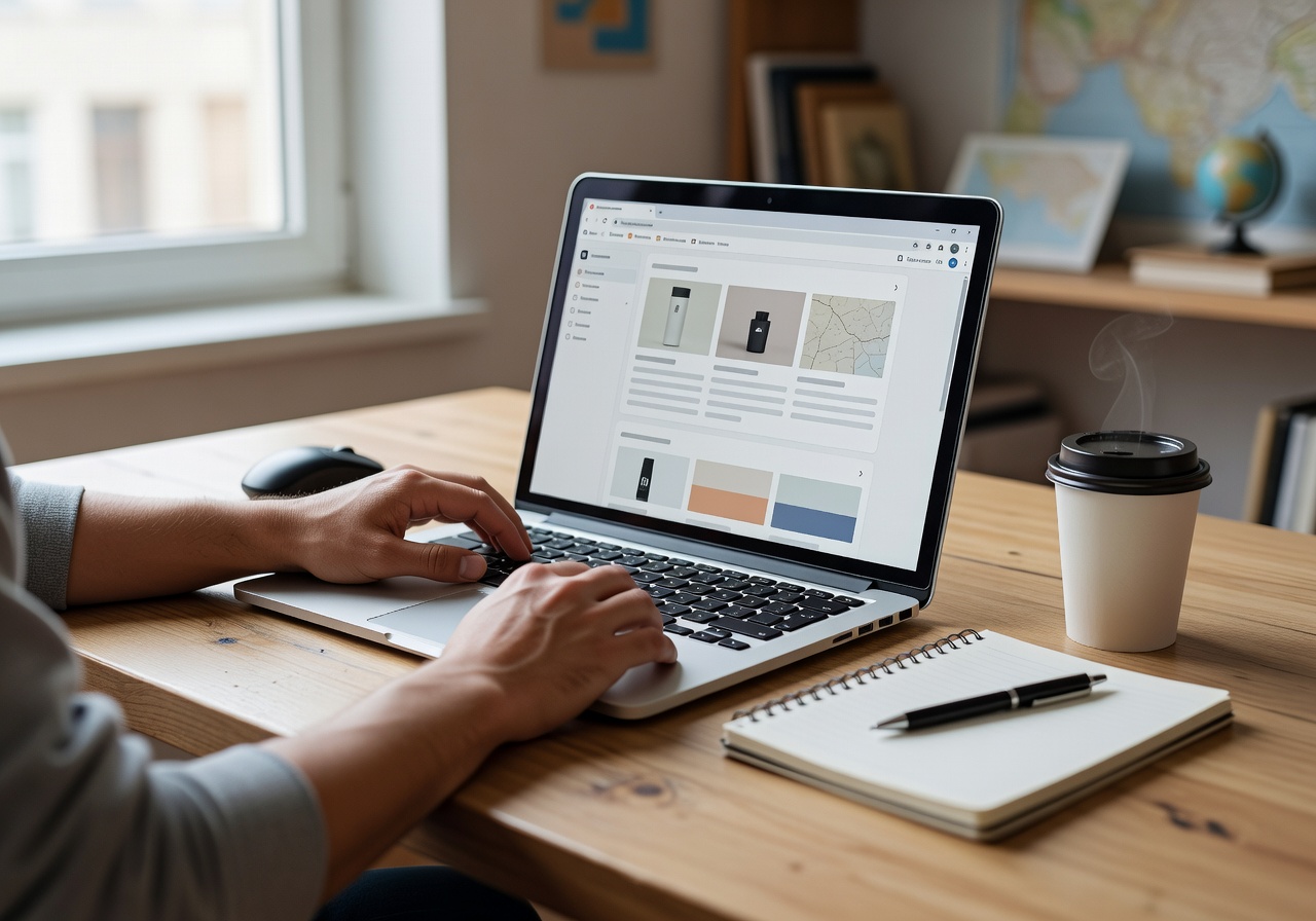 Person researching travel and shopping information on a laptop