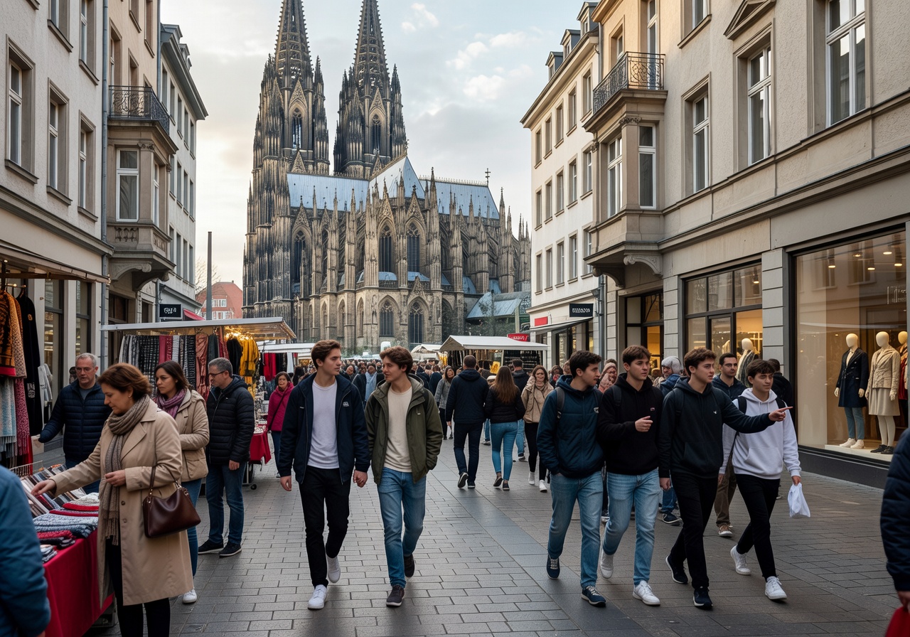 Schildergasse in Cologne bustling with shoppers near the cathedral