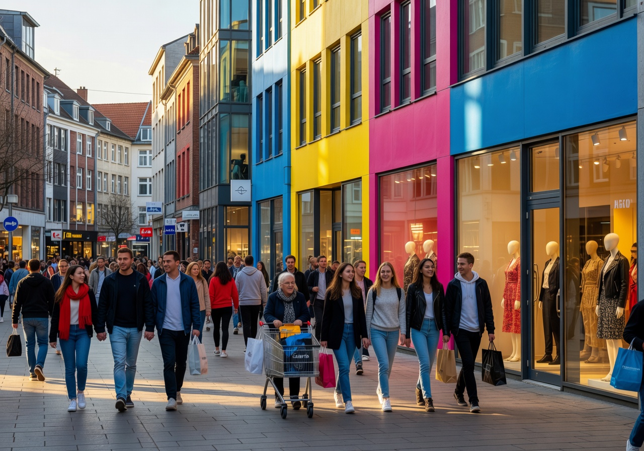 Schildergasse shopping street in Cologne with vibrant storefronts and pedestrians