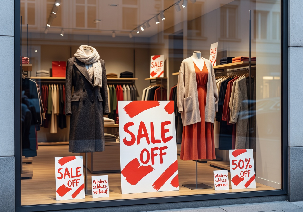 Seasonal sale signs in a German fashion store window display