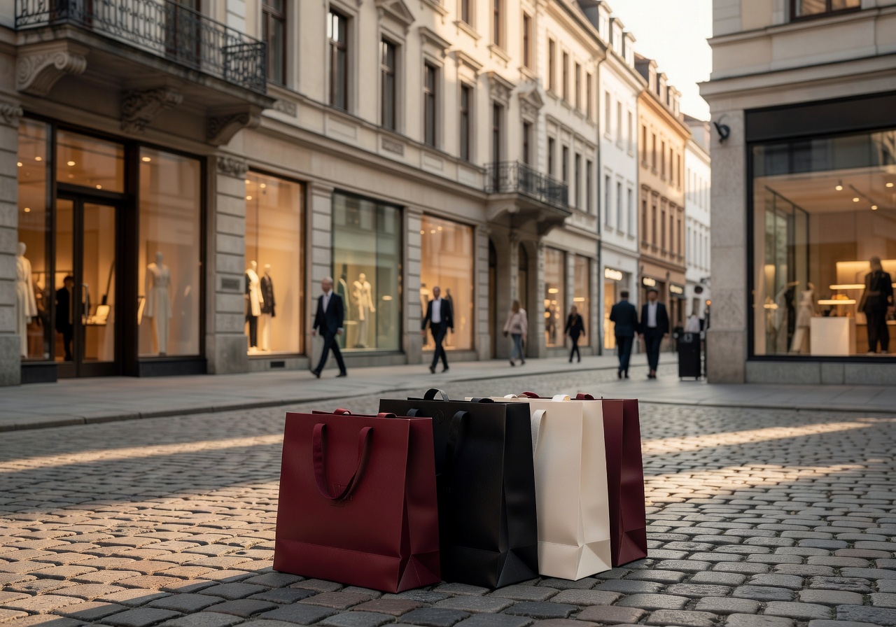 Stylish shopping bags and luxury retail experience in a German city