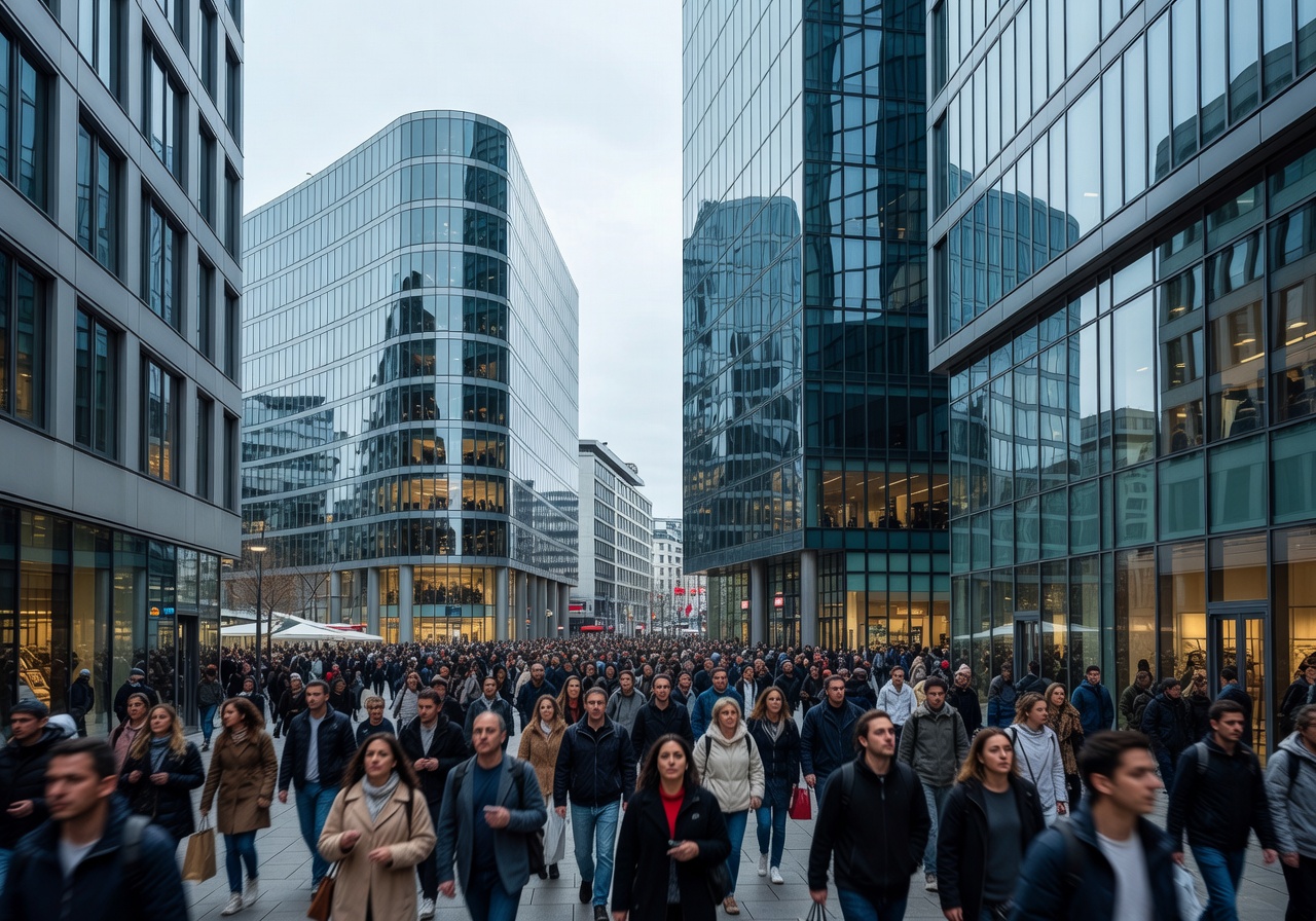 Zeil shopping street in Frankfurt with modern architecture and bustling crowds